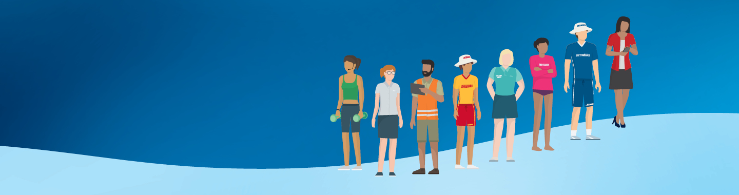 A illustrated picture of different roles in the aquatic industry, from lifeguard to duty manager to swim teachers